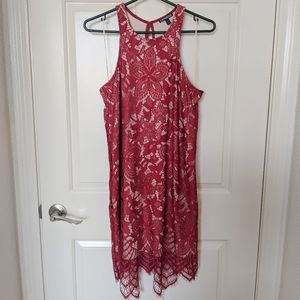 Express Floral Lace Contrast Sheath Dress in Red